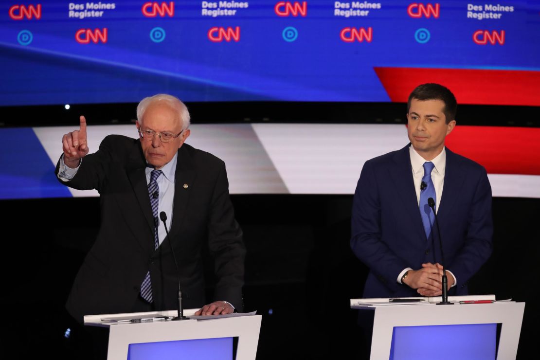Democratic presidential candidates Bernie Sanders and Pete Buttigieg participate in the Democratic debate in Des Moines, Iowa, on January 14.