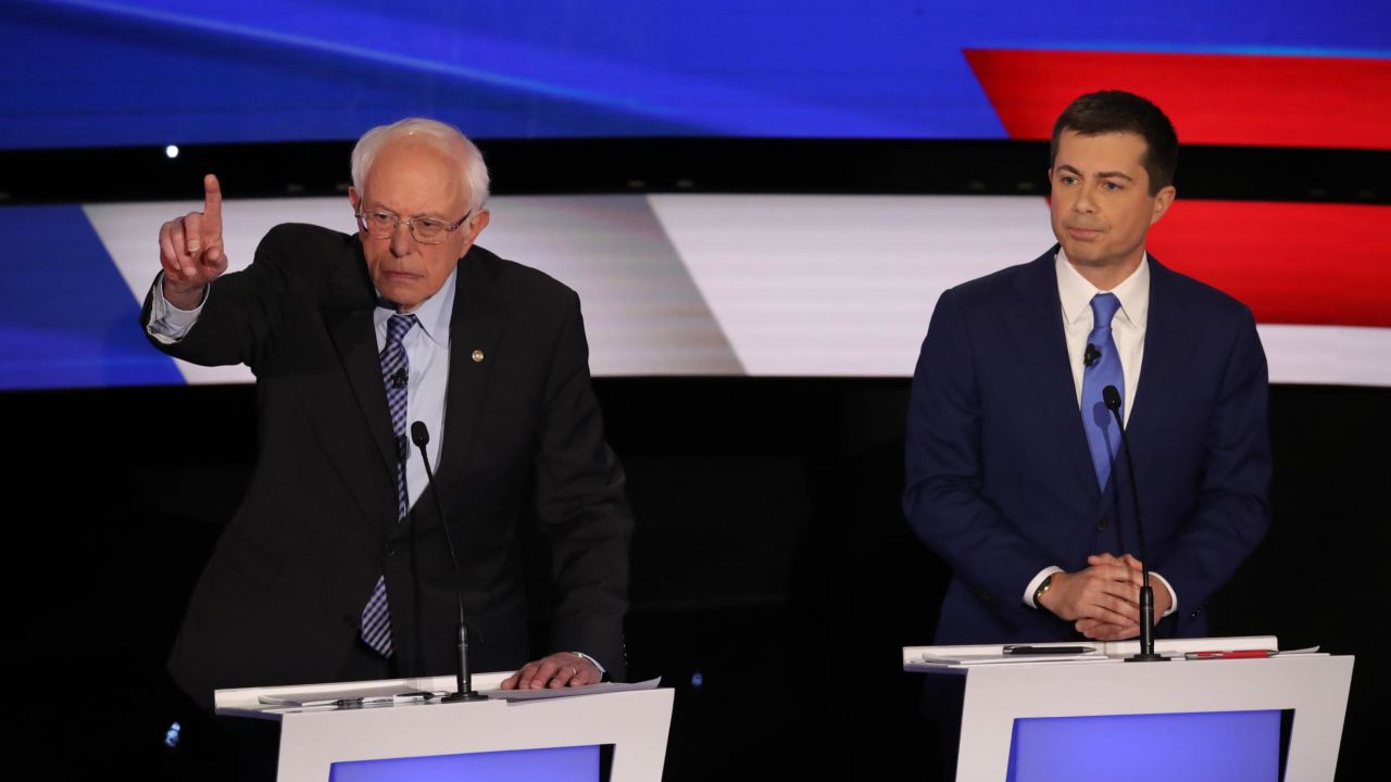 Democratic presidential candidates Bernie Sanders and Pete Buttigieg participate in the Democratic debate in Des Moines, Iowa, on January 14.