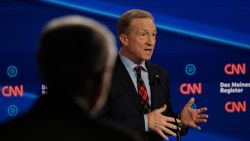 Presidential candidate Tom Steyer participate in the Democratic debate in Des Moines, Iowa, on January 14.