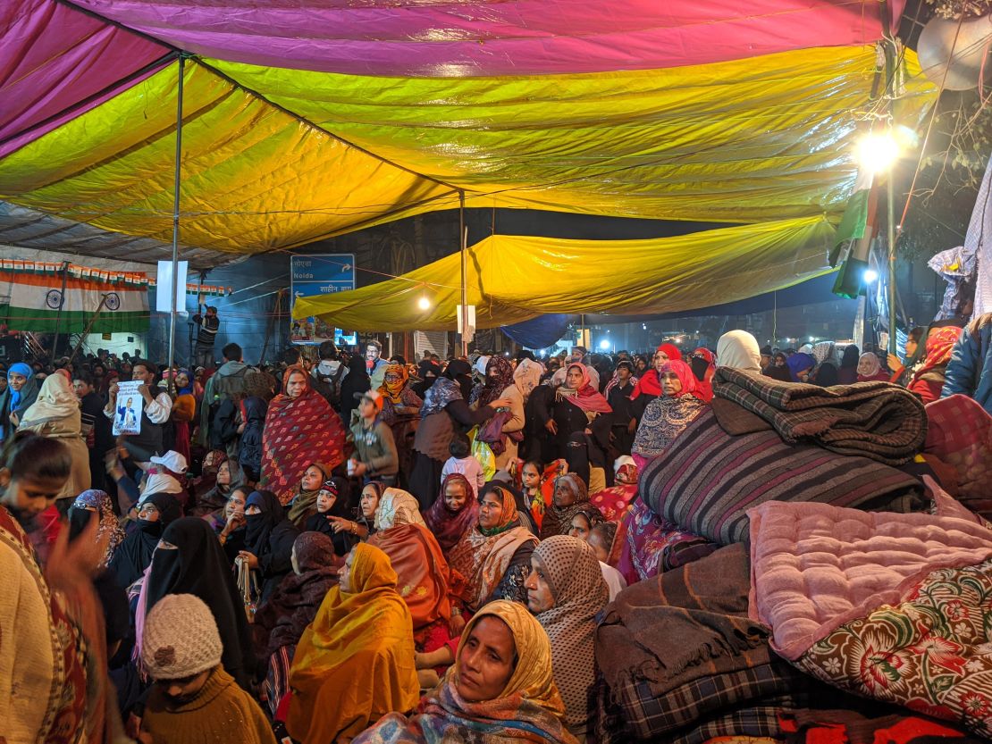 Hundreds of women sit under a make-shift camp in Shaheen Bagh, New Delhi, on January 13, 2020.