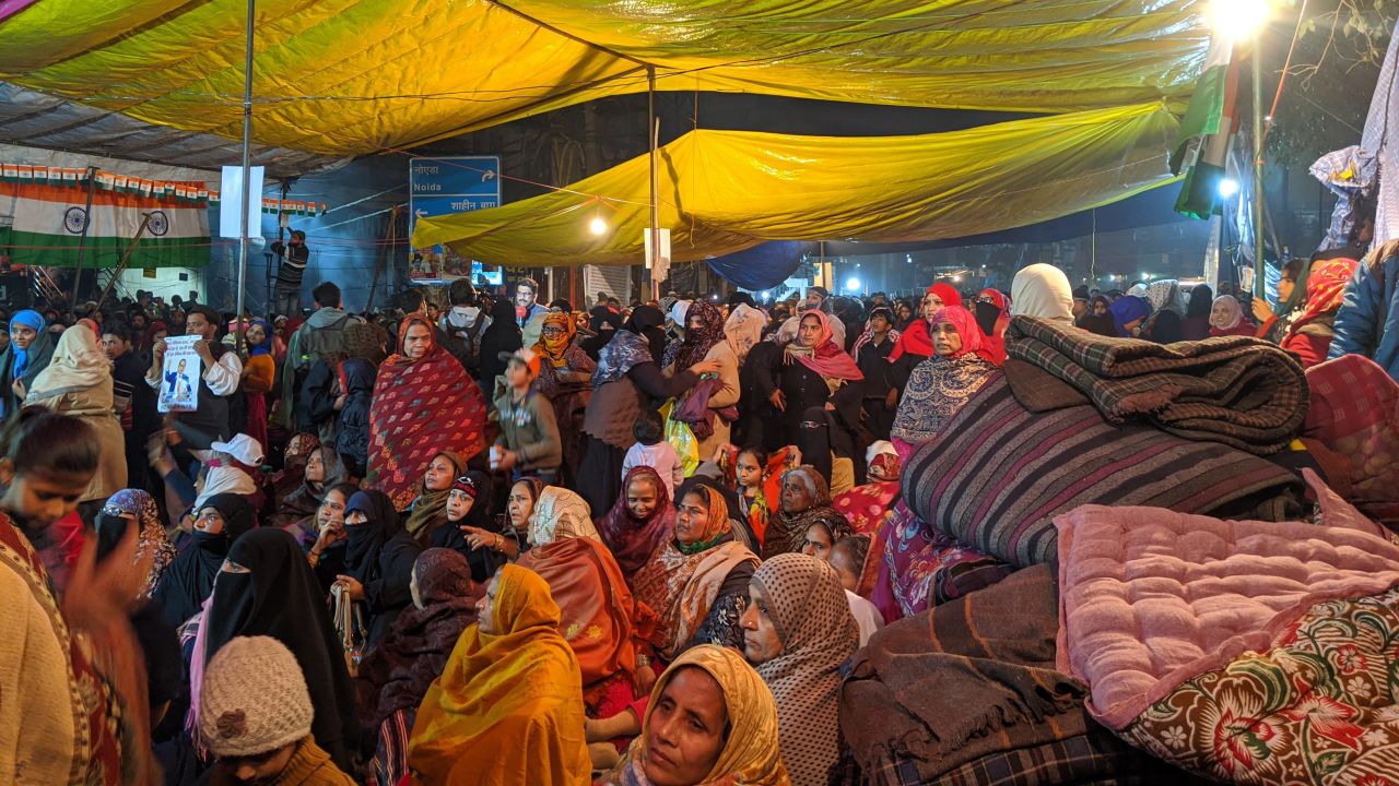Hundreds of women sit under a make-shift camp in Shaheen Bagh, New Delhi, on January 13, 2020.