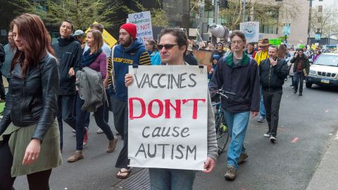 A pro-vaccination supporter at a March for Science on April 14, 2018, in Portland, Oregon. 