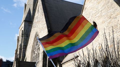 An LGBTQ flag flies over Union United Methodist Church in Boston on January 5, 2020.