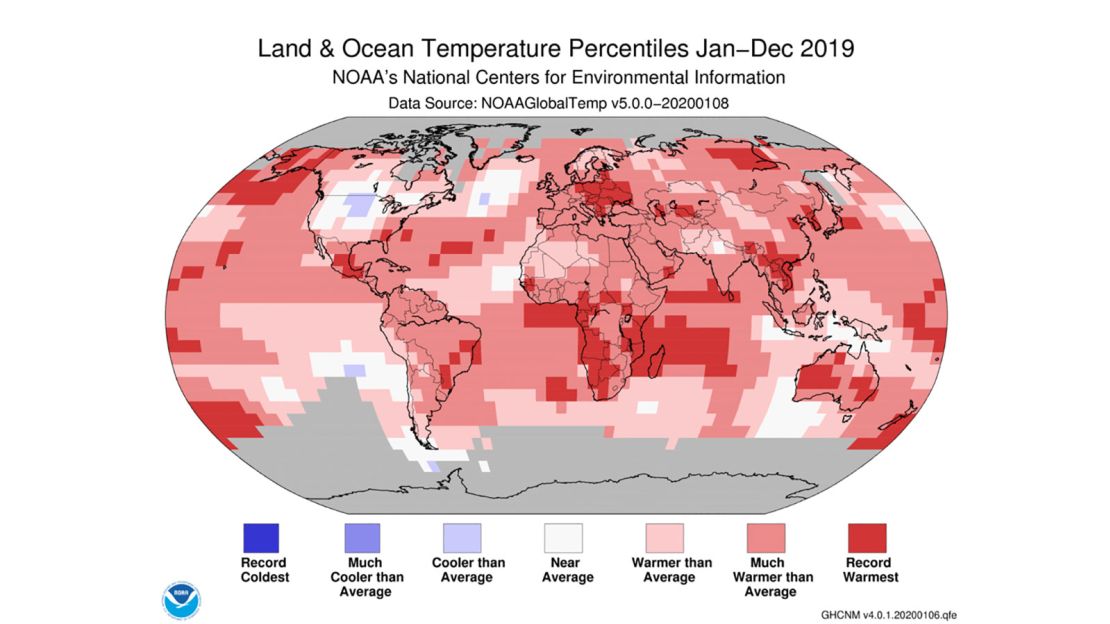 A NOAA visualization shows that across much of the planet, global temperatures in 2019 were hotter than the historical average.