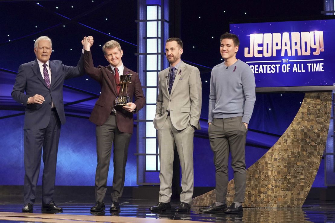 "Jeopardy!" host Alex Trebek with champion Ken Jennings and runners-up Brad Rutter and James Holzhauer.