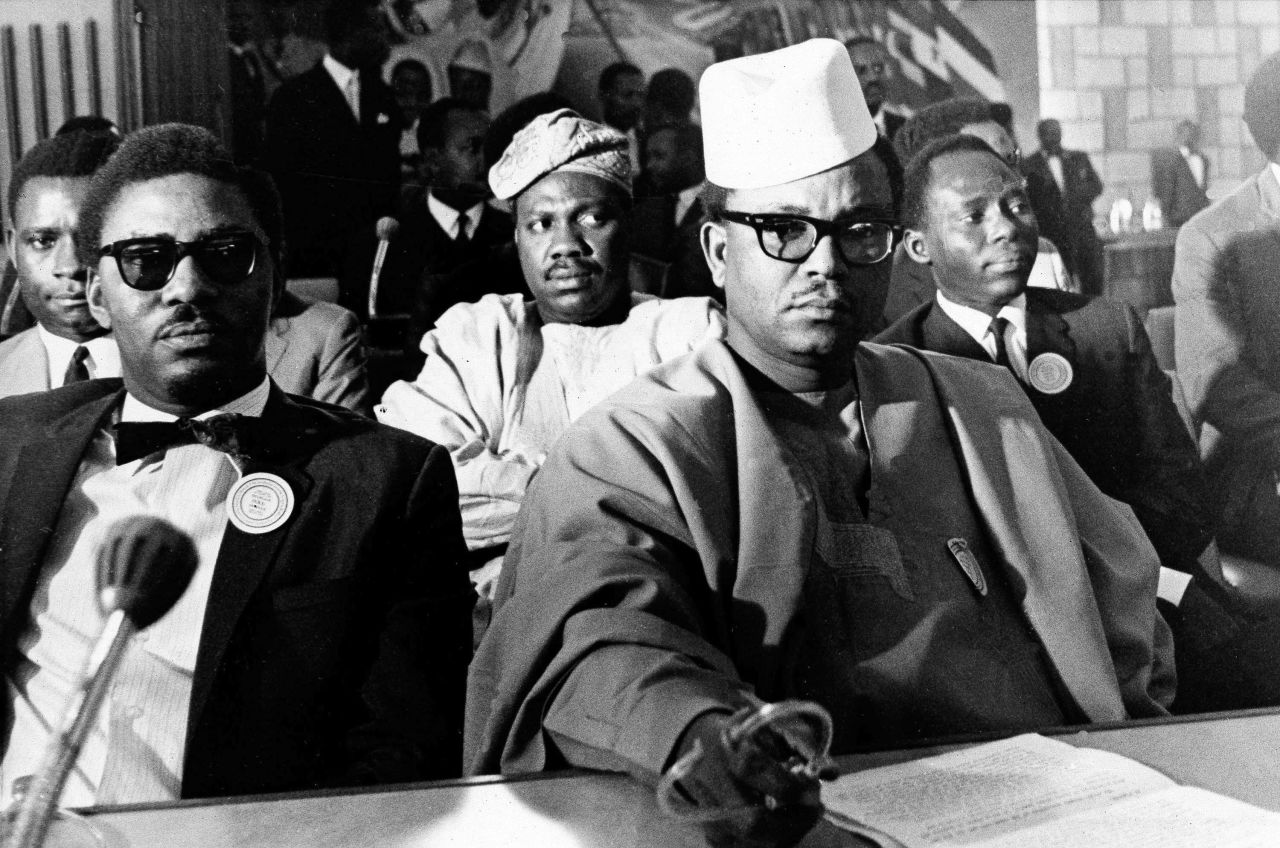 Chief Anthony Enahoro, right, head of the Nigerian delegation, at the opening session of the Nigerian-Biafra peace talks in Addis Ababa, Ethiopia, on August 6, 1968. The talks were largely unsuccessful in curbing the conflict between Biafra and Nigeria.  