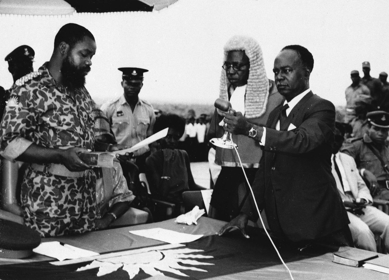 Lt. Col. Odumegwu Ojukwu, left, takes the oath of office shortly after a declaration of independence and the formation of the new state of Biafra on June 10, 1967.