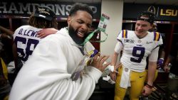 NEW ORLEANS, LOUISIANA - JANUARY 13: Odell Beckham Jr.  celebrates in the locker room with Joe Burrow #9 of the LSU Tigers after their 42-25 win over Clemson Tigers in the College Football Playoff National Championship game at Mercedes Benz Superdome on January 13, 2020 in New Orleans, Louisiana. (Photo by Chris Graythen/Getty Images)