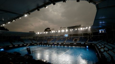 Heavy rain falls ahead of the 2020 Australian Open at Melbourne Park on January 15, 2020.