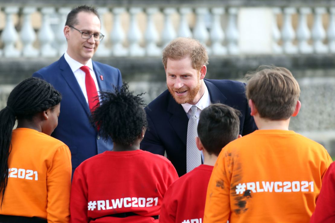 Prince Harry, Duke of Sussex, meets youngsters ahead of the Rugby League World Cup 2021 draws.