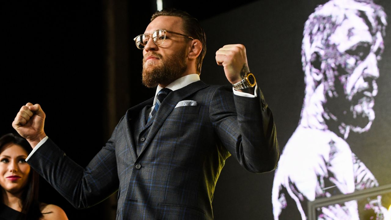 McGregor poses during a press conference in central Moscow.