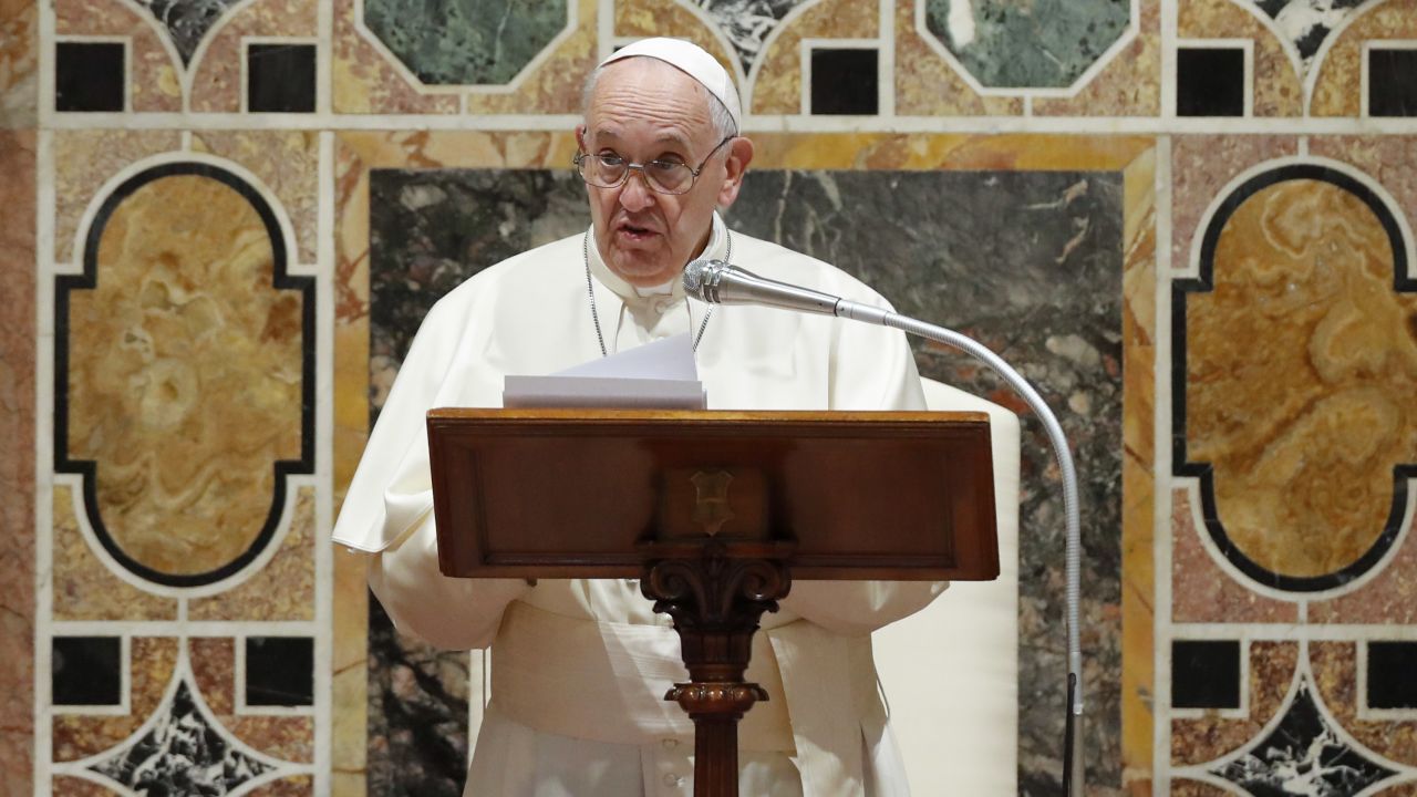 Pope Francis addresses diplomats during an audience for the traditional exchange of New Year greetings, in the Sala Regia hall at the Vatican on January 9, 2020.