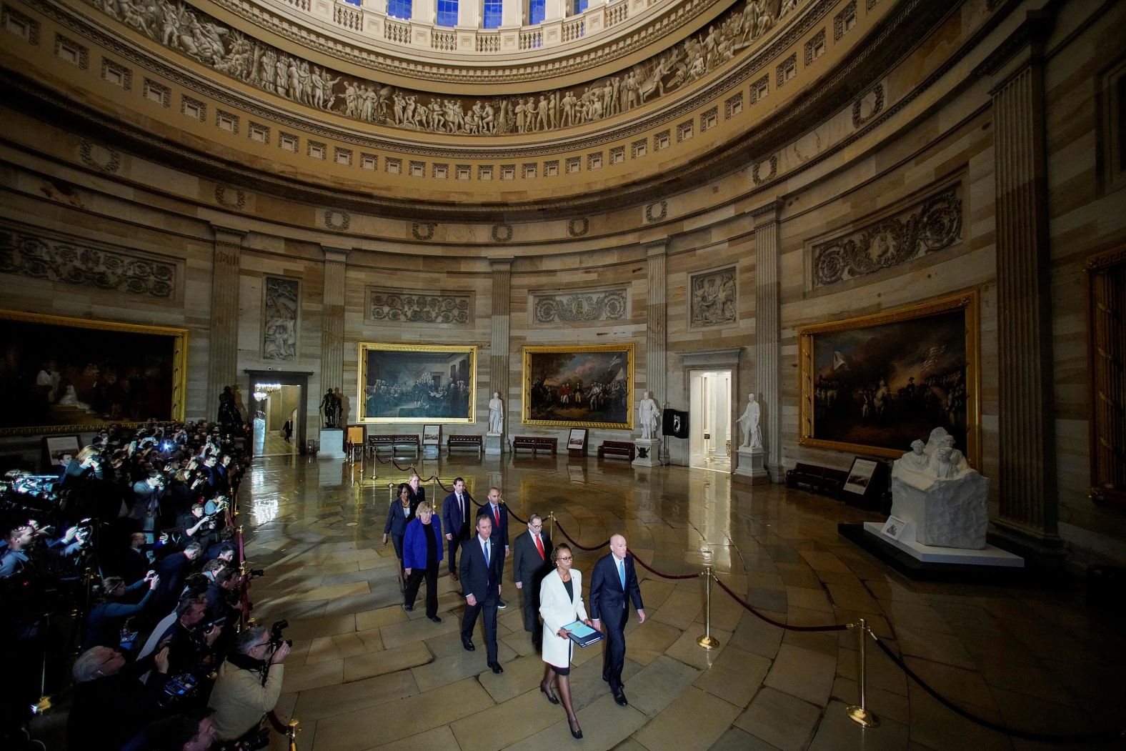 House Sergeant at Arms Paul Irving and House Clerk Cheryl Johnson are trailed by the seven House impeachment managers as they <a href="https://www.cnn.com/politics/live-news/trump-impeachment-live-01-15-2020/h_82afc42e8aedd5a8164279731ed16634" target="_blank">carry the articles of impeachment to the Senate</a> on January 15.