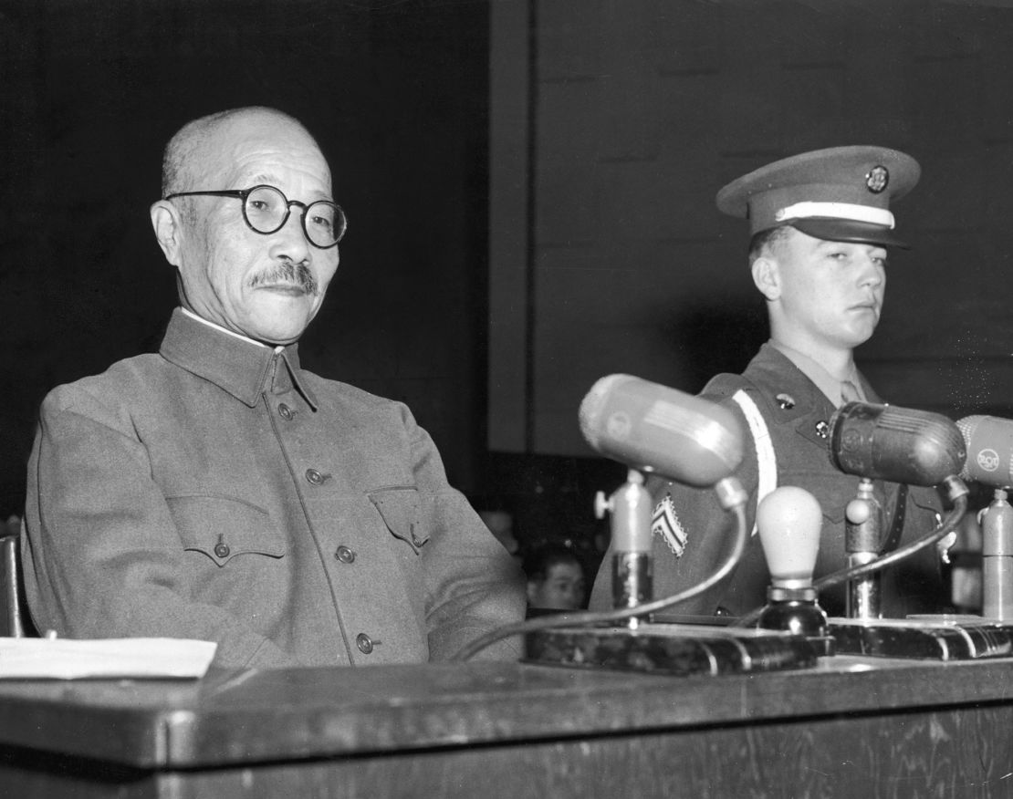 Hideki Tojo takes the stand for the first time during the International Tribunal trials in Tokyo in 1947.