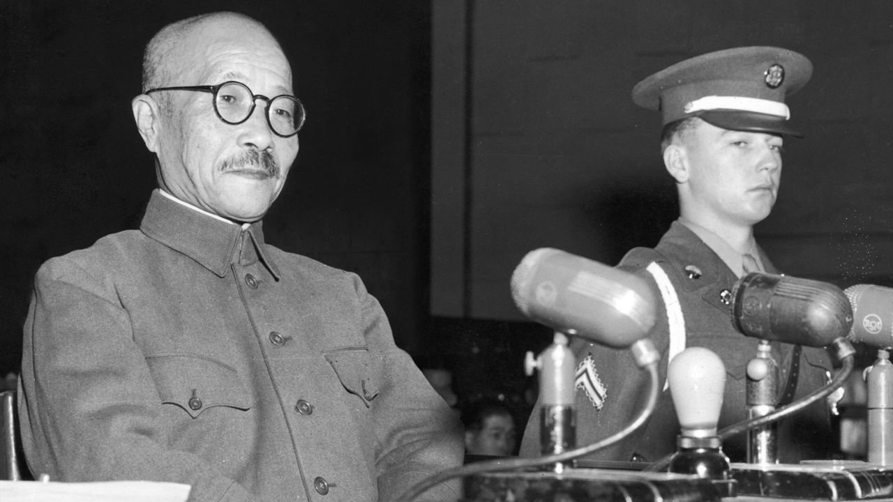 Hideki Tojo takes the stand for the first time during the International Tribunal trials in Tokyo in 1947.