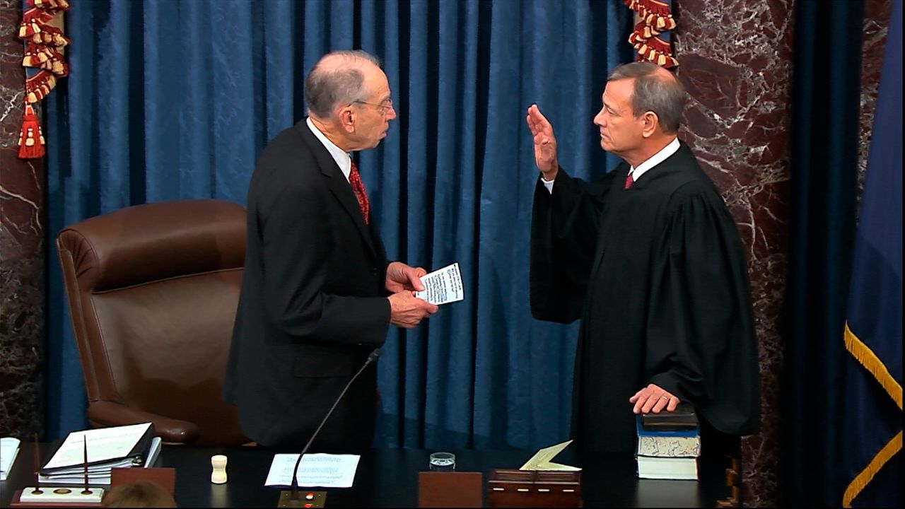 Chuck Grassley, the Senate's president pro tempore, <a href="https://www.cnn.com/videos/politics/2020/01/16/chief-justice-john-roberts-sworn-in-for-impeachment-trial-full-vpx.cnn" target="_blank">swears in Roberts</a> as the presiding officer for the impeachment trial on January 16.