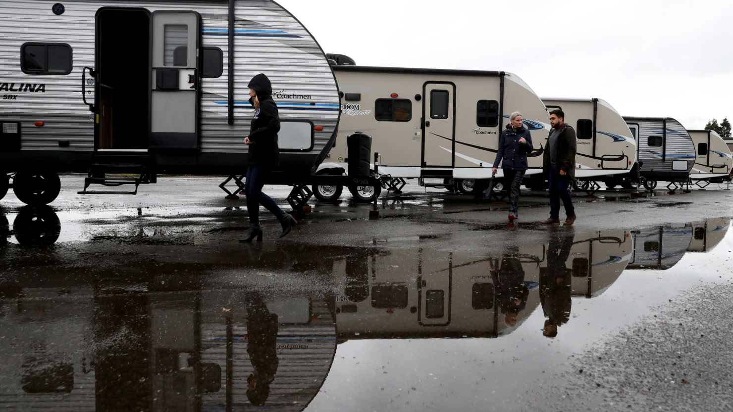 Trailers provided by the state government are displayed Thursday in Oakland, California. 