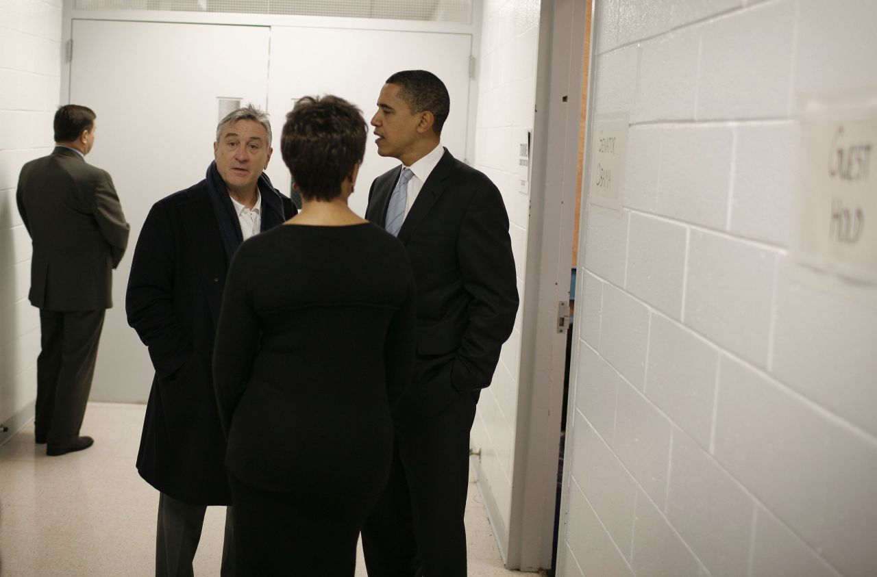 De Niro and his wife, Grace, talk with future President Barack Obama before an Obama rally in East Rutherford, New Jersey, in 2008.