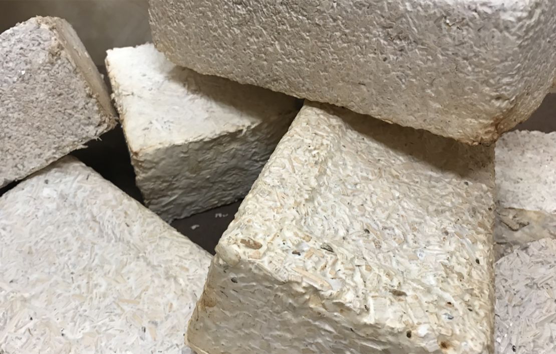 Bricks produced using mycelium, yard waste and wood chips.