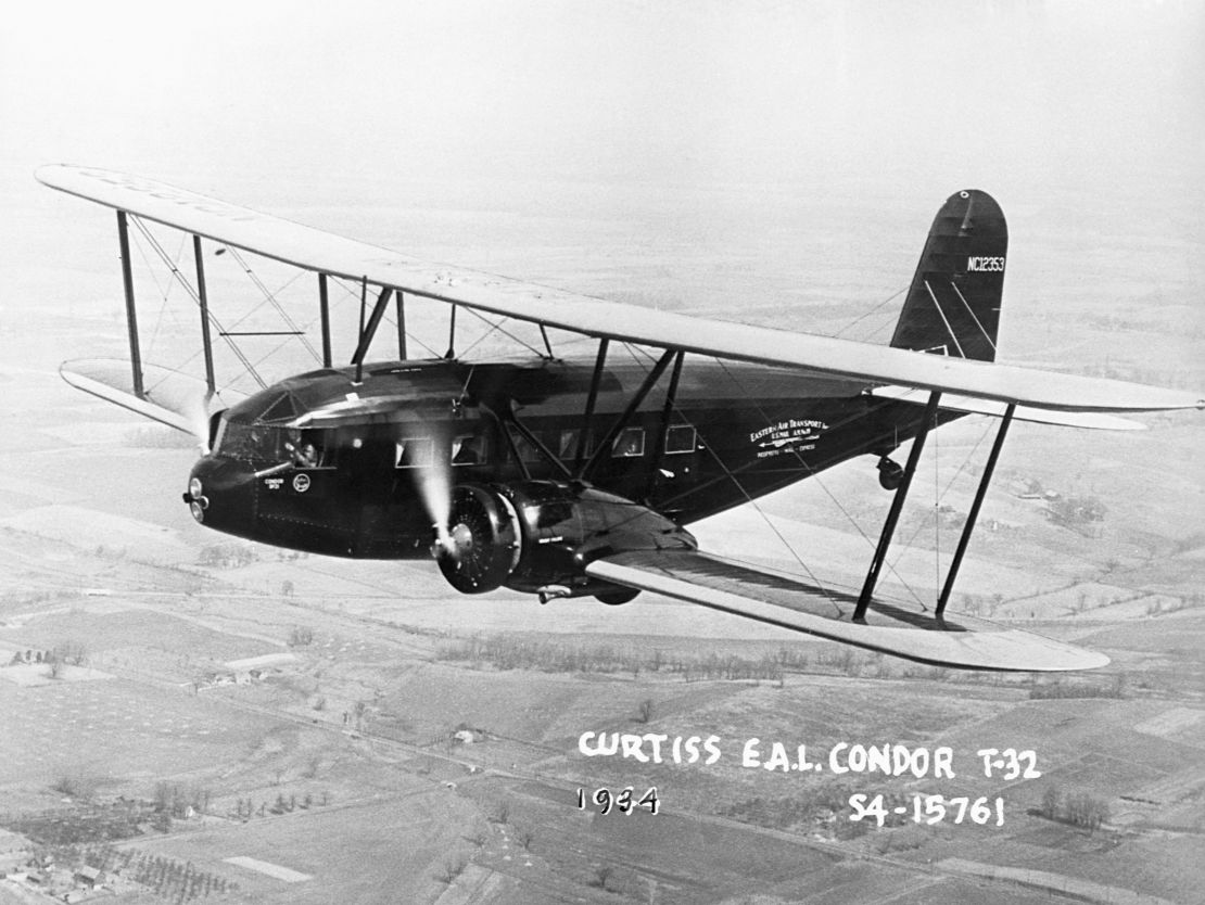 This Curtiss-Wright Condor T-32 passenger transport aircraft used by Eastern Air Lines in 1934.