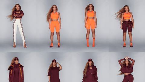 A collage of photos of Beyoncé showasing her Ivy Park x Adidas apparel line.
