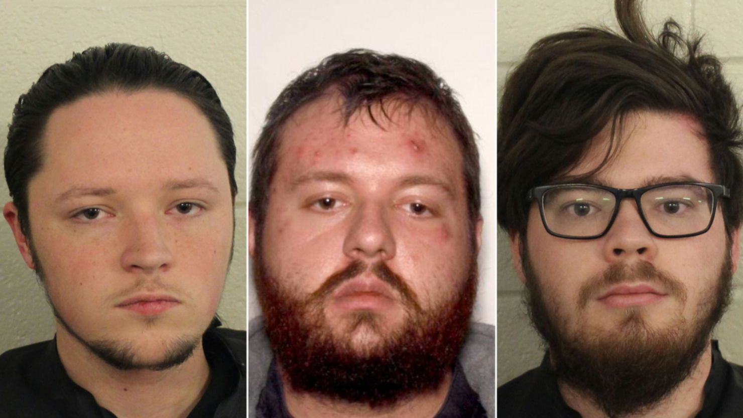 From left: Jacob Oliver Kaderli, Michael John Helterbrand and Luke Austin Lane face charges of conspiracy to commit murder and participation in a criminal gang known as The Base, police said.