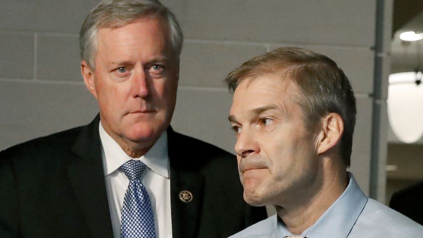 WASHINGTON, DC - OCTOBER 03: Rep. Jim Jordan (R-OH) (R) and Rep. Mark Meadows (R-NC) speak to the media during a break in a closed door House Intelligence Committee meeting where former US Special Envoy for Ukraine Kurt Volker is being interviewed at the U.S. Capitol October 03, 2019 in Washington, DC. Volker is the first official to testify on the whistleblowers charges that President Donald Trump tried to pressure Ukraine to investigate his Democratic rival Joe Biden. (Photo by Mark Wilson/Getty Images)
