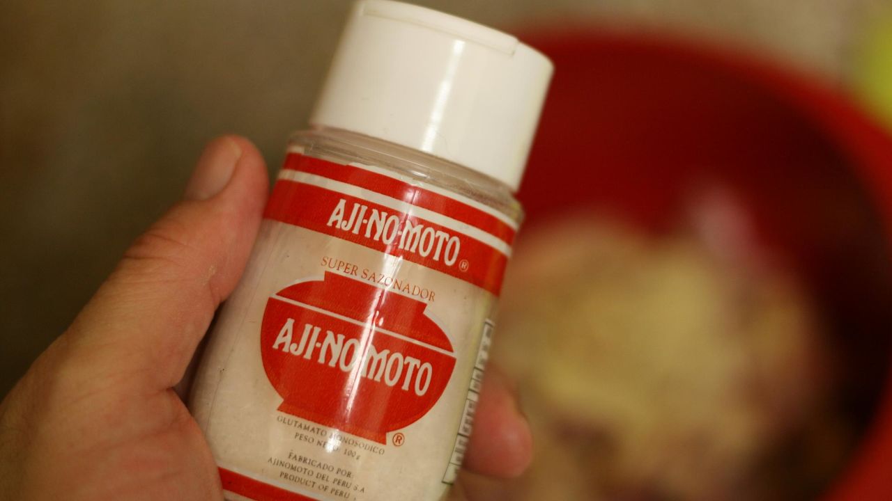 A jar of Ajinomoto MSG (monosodium glutamate) seasoning.