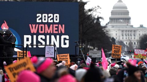 Demonstrators gather on Saturday, January 18, for the fourth annual Women's March in Washington. 