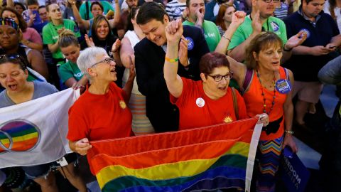 Same-sex marriage supporters cheer at the Statehouse in Indianapolis after the Supreme Court declared that same-sex couples have a right to marry anywhere in the United States on June 26, 2015.