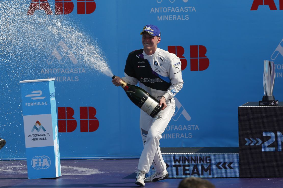 Maximilian Günther celebrates victory in the Santiago E-Prix.