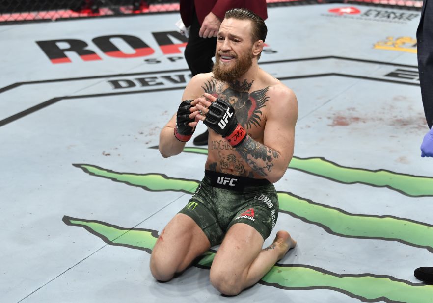 Conor McGregor celebrates after knocking out Donald Cerrone in their welterweight fight during the UFC 246 event at T-Mobile Arena on Saturday in Las Vegas.