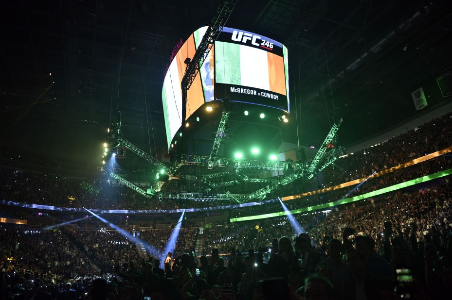 A general view of the octagon showing the colors of Ireland during the McGregor-Cerrone UFC 246 event.