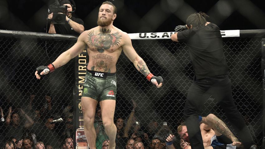 McGregor celebrates after knocking out Donald Cerrone in their welterweight fight during the UFC 246 event at T-Mobile Arena on January 18, 2020 in Las Vegas, Nevada.