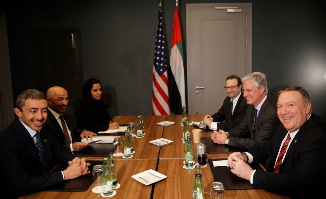 US Secretary of State Mike Pompeo, right, meets UAE Foreign Minister Sheikh Abdullah bin Zayed Al Nahyan, left, for bi-lateral talks before a summit on Libya in Berlin on Sunday.
