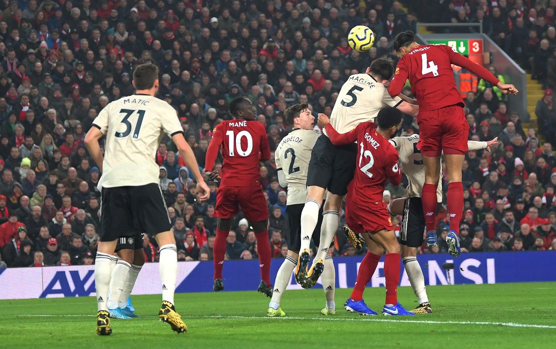 Virgil van Dijk rises highest to give Liverpool the lead.