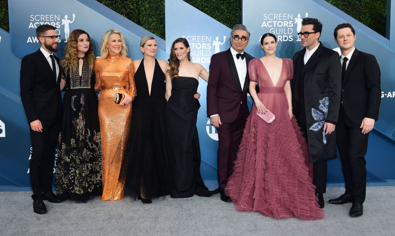 From left, Dustin Milligan, Annie Murphy, Catherine O'Hara, Jennifer Robertson, Sarah Levy, Eugene Levy, Emily Hampshire, Daniel Levy and Noah Reid of "Schitt's Creek"