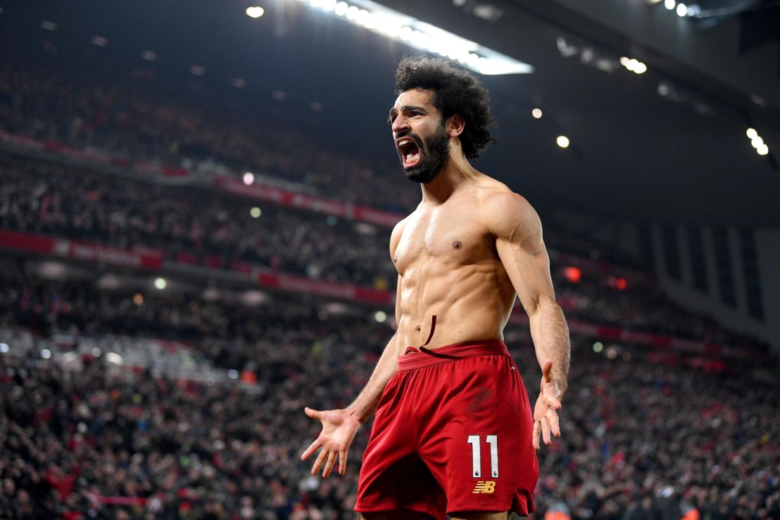 Mo Salah celebrates after scoring Liverpool's second.