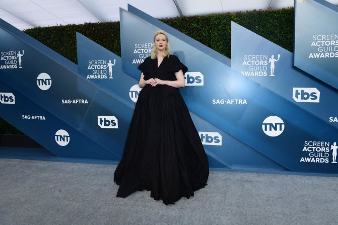 "Game of Thrones" star Gwendoline Christie in a voluminous black number by Rick Owens.