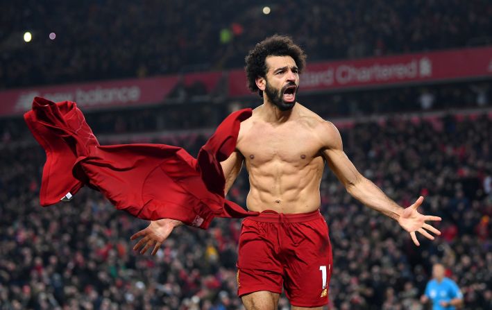 Mohamed Salah of Liverpool celebrates after scoring his team's second goal during the Premier League match against Manchester United in Liverpool on Sunday, January 19. <a href="index.php?page=&url=https%3A%2F%2Fwww.cnn.com%2F2020%2F01%2F19%2Ffootball%2Fliverpool-manchester-united-premier-league-spt-intl%2Findex.html" target="_blank">Liverpool defeated Manchester United 2-0. </a>