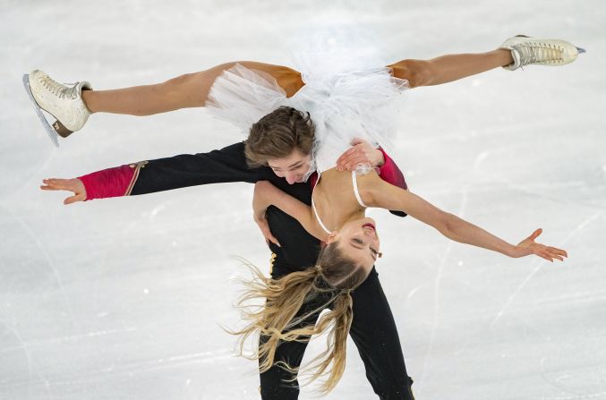 Russia's Irina Khavronina and Dario Cirisano compete in the free dance segment of the ice dance competition at the 2020 Winter Youth Olympics in Lausanne, Switzerland, on Monday, January 13. 