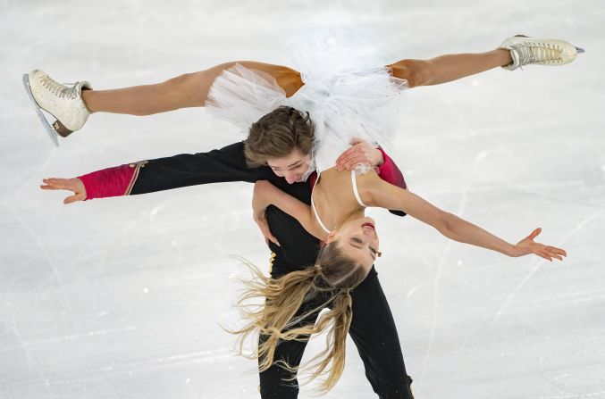 Russia's Irina Khavronina and Dario Cirisano compete in the free dance segment of the ice dance competition at the 2020 Winter Youth Olympics in Lausanne, Switzerland, on Monday, January 13.