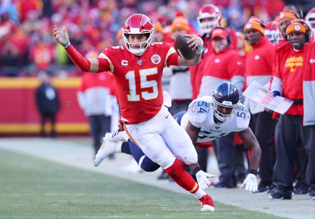 Kansas City Chiefs quarterback Patrick Mahomes runs on his way to scoring a 27-yard touchdown against the Tennessee Titans in the AFC Championship Game on Sunday, January 19, in Kansas City, Missouri. <a target="_blank" target="_blank">The Chiefs beat the Titans and will advance to Super Bowl LIV.</a>