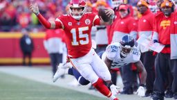 KANSAS CITY, MISSOURI - JANUARY 19: Patrick Mahomes #15 of the Kansas City Chiefs runs on his way to scoring a 27 yard touchdown in the second quarter against the Tennessee Titans in the AFC Championship Game at Arrowhead Stadium on January 19, 2020 in Kansas City, Missouri. (Photo by Tom Pennington/Getty Images)