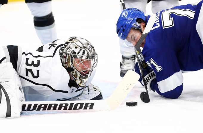 Los Angeles Kings goalie Jonathan Quick makes a save against Tampa Bay Lightning's Anthony Cirelli in Tampa, Florida, on Tuesday, January 14.