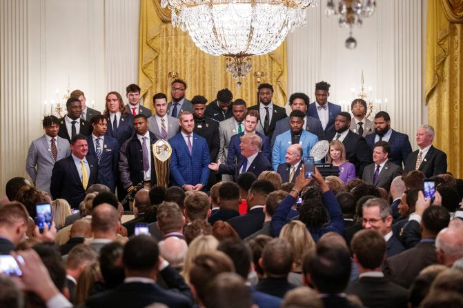 President Donald Trump delivers remarks during a ceremony honoring LSU as the 2019 College Football National Champions in the East Room of the White House on Friday, January 17.