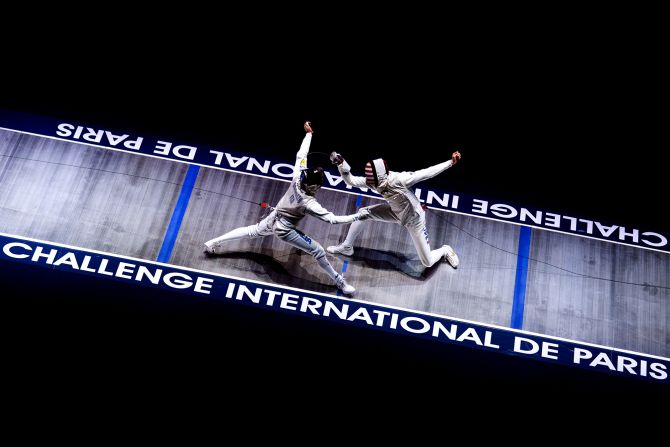 Daniele Garozzo of Italy plays against Nick Itkin of the United States in the men's foil team final game during Challenge International De Paris on Sunday, January 12, in Paris, France.