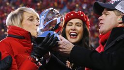 Kansas City Chiefs owner Clark Hunt (R) holds the Lamar Hunt Trophy for his mother Norma Hunt the widow of former owner Lamar Hunt while she kisses it on stage after the Kansas City Chiefs beat the Tennessee Titans in their AFC Championship game at Arrowhead Stadium in Kansas City, Missouri, USA, 19 January 2020. The winner will face either the Green Bay Packers or the San Francisco 49ers in Super Bowl LIV on 02 February 2020.