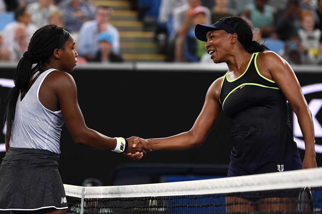 Coco Gauff (left) and Venus Williams -- the oldest and youngest players in the Australian Open women's draw -- shake hands after the 15-year-old's victory.
