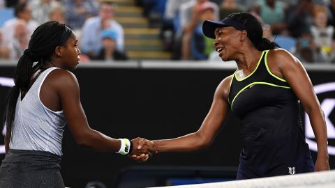 Coco Gauff (left) and Venus Williams -- the oldest and youngest players in the Australian Open women's draw -- shake hands after the 15-year-old's victory.